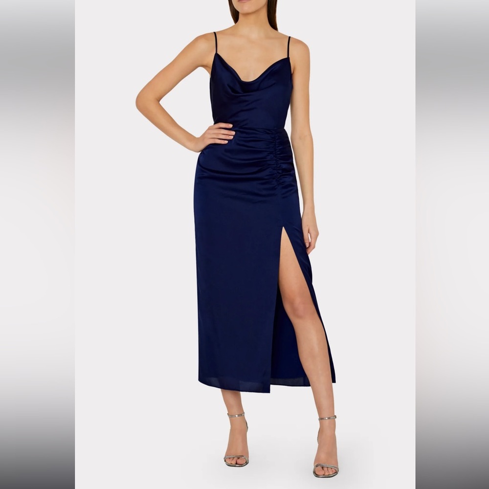 Milly Lilliana Ruched Satin Cowlneck Slip Dress in Navy (Size 4)